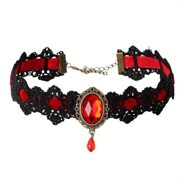 Lace Choker Necklace Sexy Jewel Goth Rave Emo Scene Costume Role Play Black Red - Picture 1 of 2